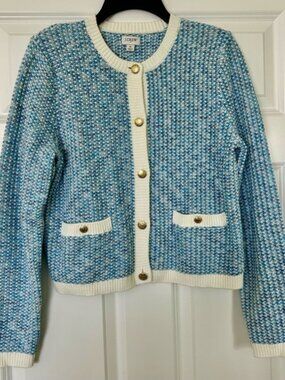 J. Crew Cream & Blue Popcorn Stitch Cotton Blend Knit Cardigan Sweater